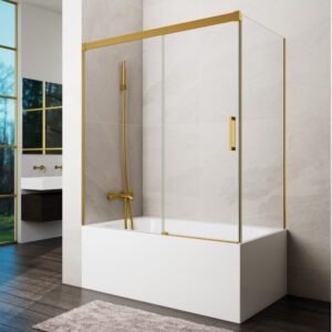 Mampara bañera frontal fijo + corredera + lateral fijo BASIC oro